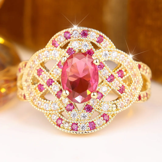 Small Geometric Charm Luxury Female Rose Red Zircon Stone Ring Vintage Gold Silver Color Wedding Jewelry For Women