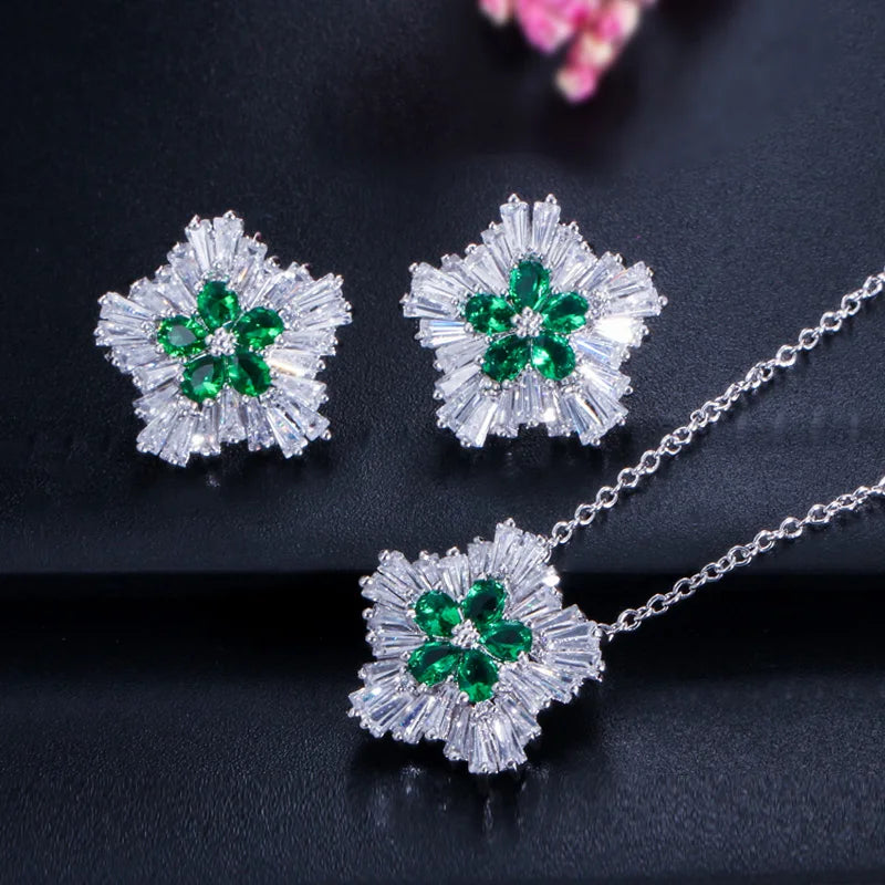ThreeGraces Fashion Shiny Blue Green Cubic Zirconia Snow Flower Pendant Necklace and Stud Earrings Jewelry Set for Women T1226