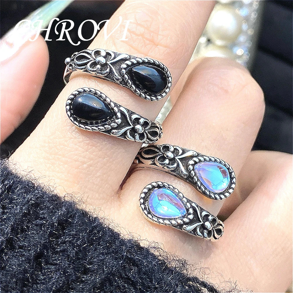 Retro 925 Sterling Silver Agate Spoon, Moonstone Ring, Women's Simple and Fashionable Ring