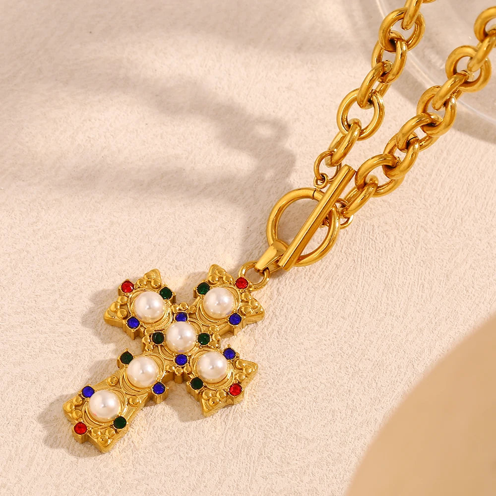 E.B.belle Vintage Style OT Buckle Blue Rhinestone Pearl Cross Pendant Necklace 18K Gold Plated Stainless Steel Neck Jewelry
