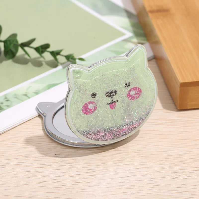 Cute Cat Shaped Handheld Mirror with Shiny Sequins Design Portable Small Folding Hand Mirror Double Side Makeup Mirror Gift