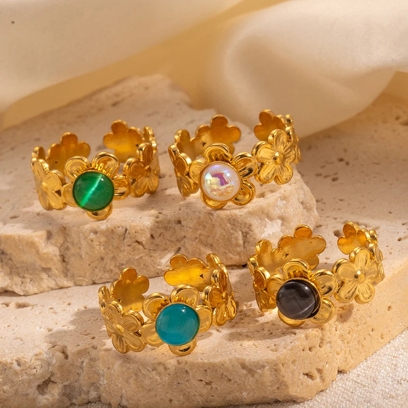 ANENJERY 316L Stainless Steel Flower Inlaid Colorful Stone Open Ring for Women Men Beauty Delicate Jewelry Gifts Wholesale