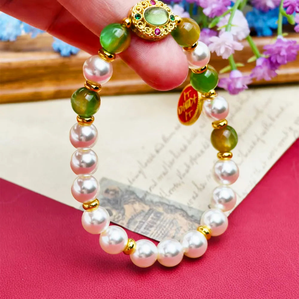 NEW Pearl Green stone Beaded Bracelet for Women Golden Enamel Charm Chinese Boho Bracelet Wedding Party Daily Wear Jewelry Gift