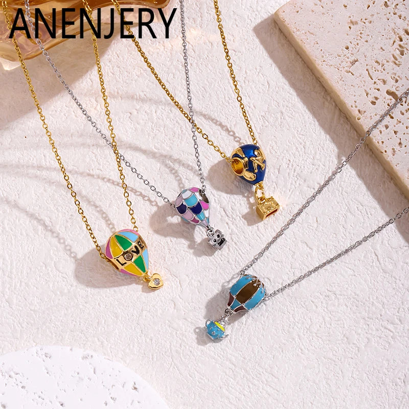 ANENJERY 316L Stainless Steel Drop Oil Balloon Pendant Necklace For Women Men Personality Niche Design Fashion Jewelry Gifts