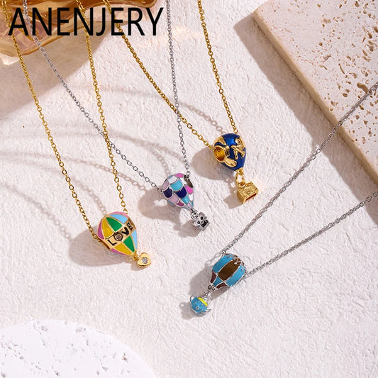 ANENJERY 316L Stainless Steel Drop Oil Balloon Pendant Necklace For Women Men Personality Niche Design Fashion Jewelry Gifts