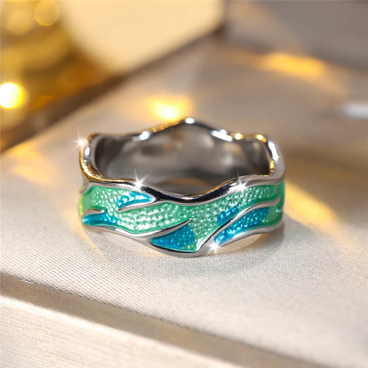 Trendy Green Enamel Vintage Silver Color Wedding Bands Engagement Rings For Women Men Minimalist Jewelry