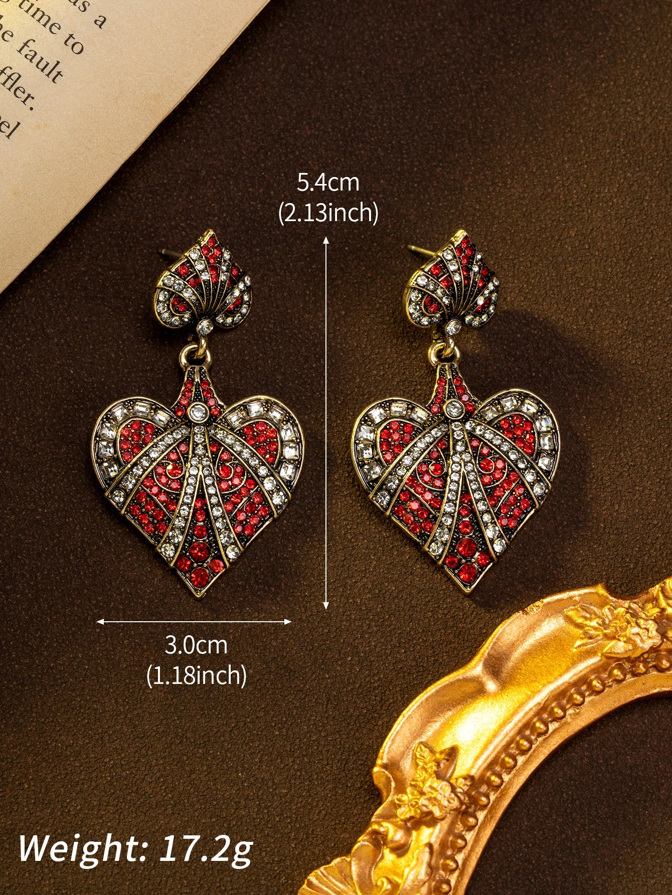 1 Pair of Vintage Retro Red and White Rhinestone-Embellished Heart-Shaped Fashion Earrings Suitable for Women to Wear at Daily Events and Dance Parties, or as a Gift