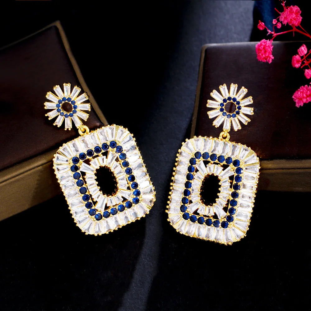ThreeGraces Luxurious Shining Baguette Cubic Zirconia Long Big Dangle Drop Earrings for Women New Trendy Party Jewelry E1035