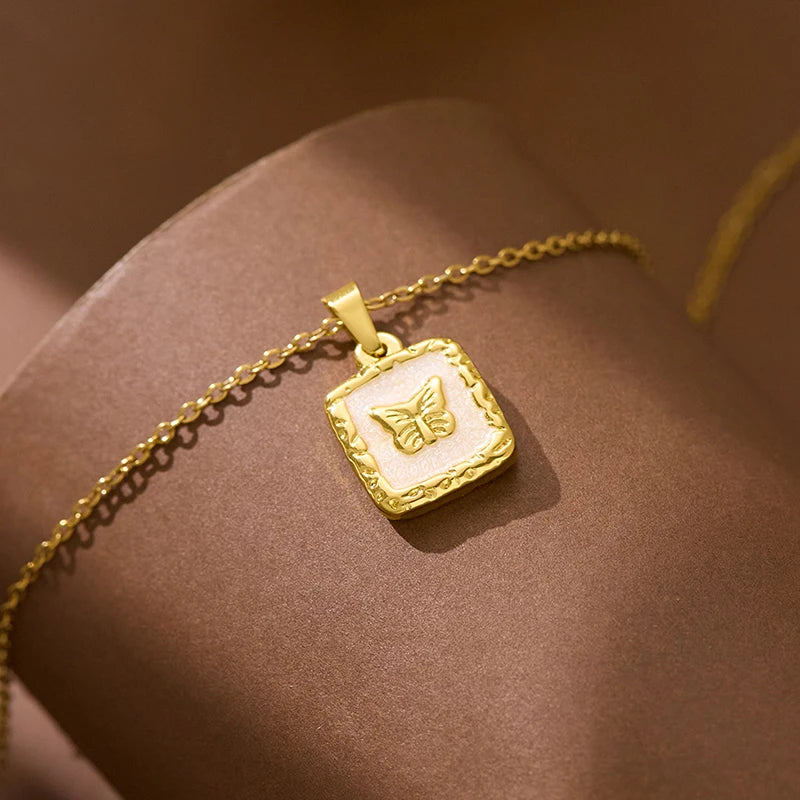 ANENJERY 316L Stainless Steel Butterfly Square Card Pendant Necklace For Women Simple Clavicle chain Elegant Jewelry Gifts