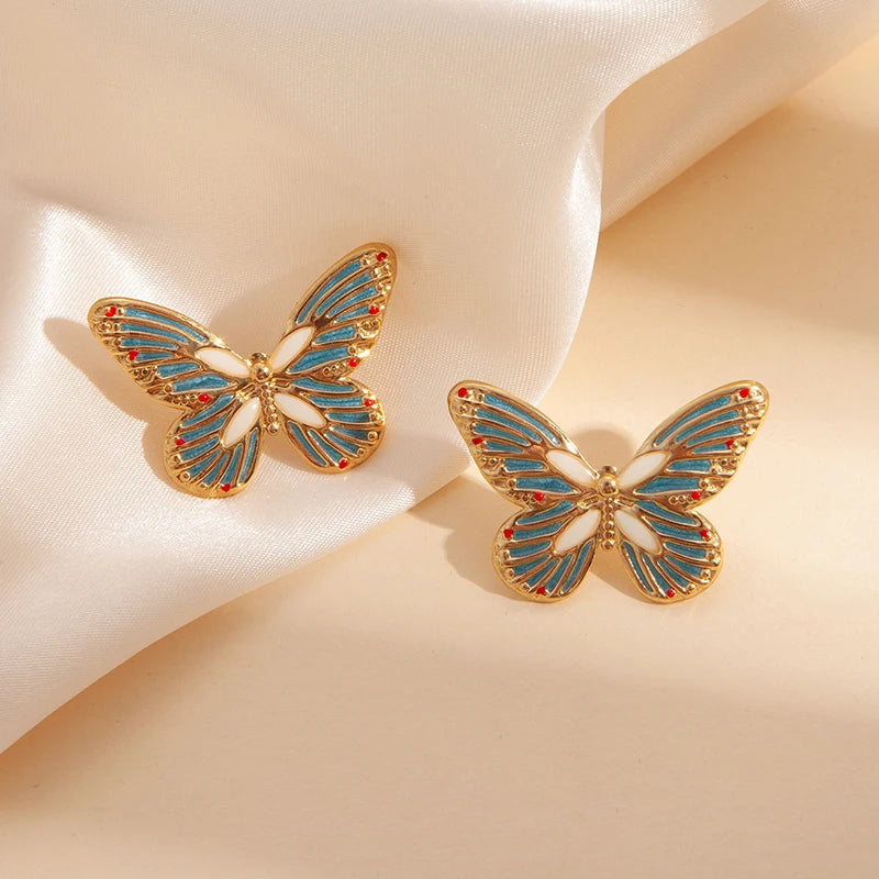 ANENJERY 316L Stainless Steel White Shell Butterfly Stud Earrings For Women Vintage French Delicate Lady Jewelry Gifts Wholesale