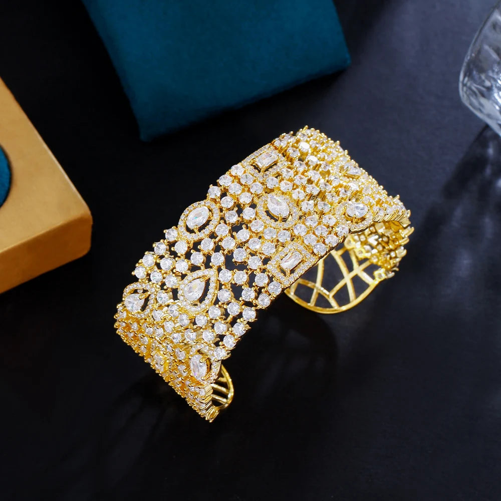 ThreeGraces Luxury Shiny Cubic Zirconia Big Wide Bridal Wedding Open Size Bangle for Women Gorgeous Dubai Party Jewelry B083