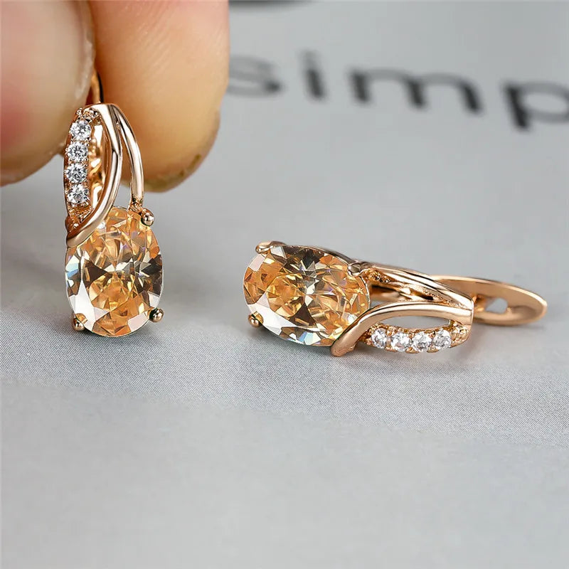 Crystal Purple Oval Stone Jewelry Rose Gold Color Wedding Hoop Earrings For Women