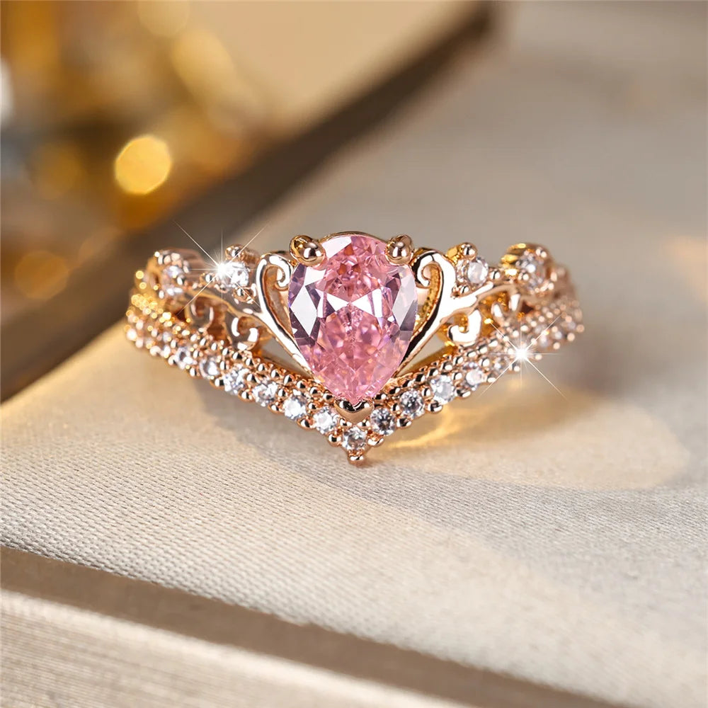 Luxury Female Pink Water Drop Zircon Stone Ring Dainty Rose Gold Color Wedding Jewelry For Women