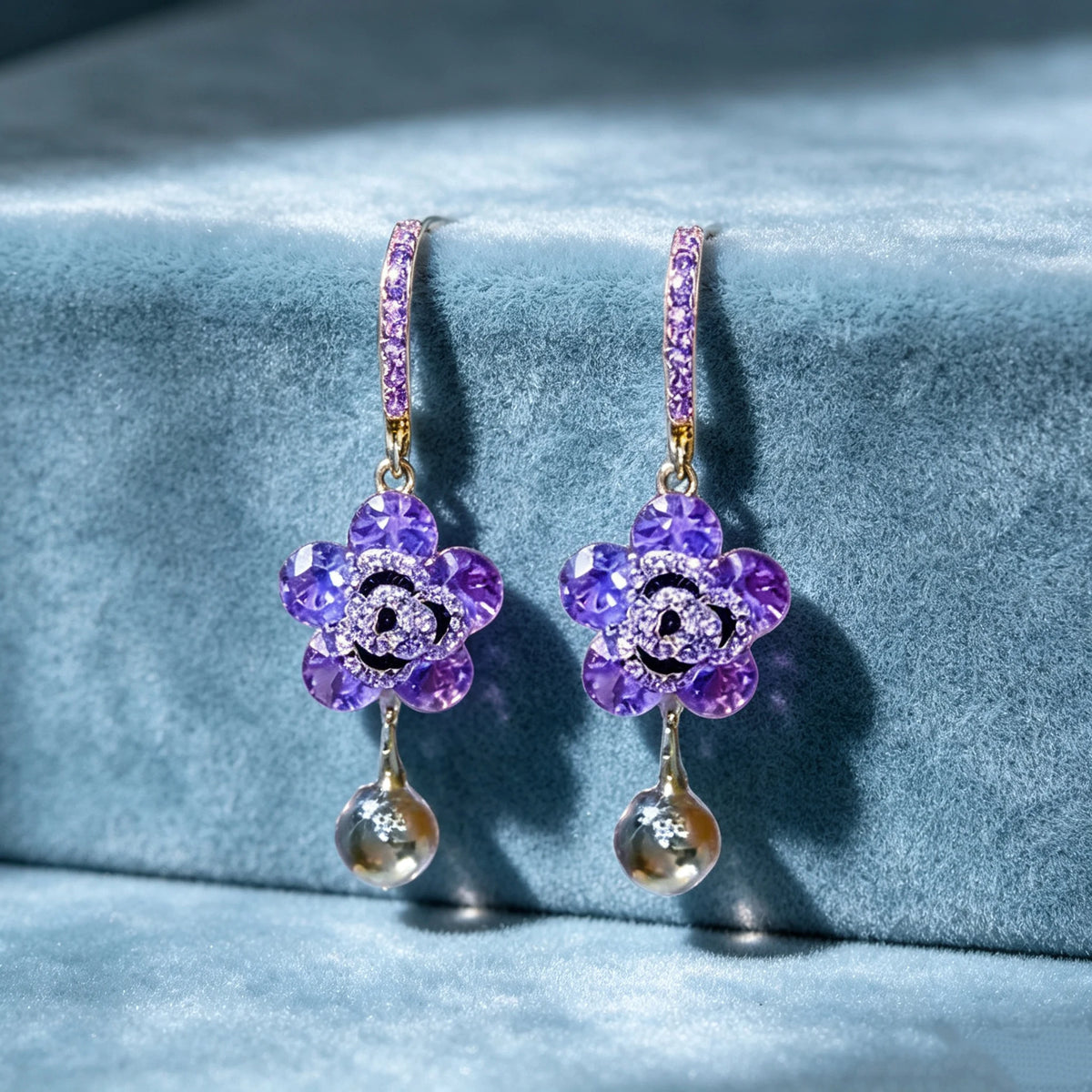 Charm Cute Female Small Purple New Flower Zircon Stone Fashion Drop Dangle Earrings Unique Gold Color Wedding Jewelry For Women