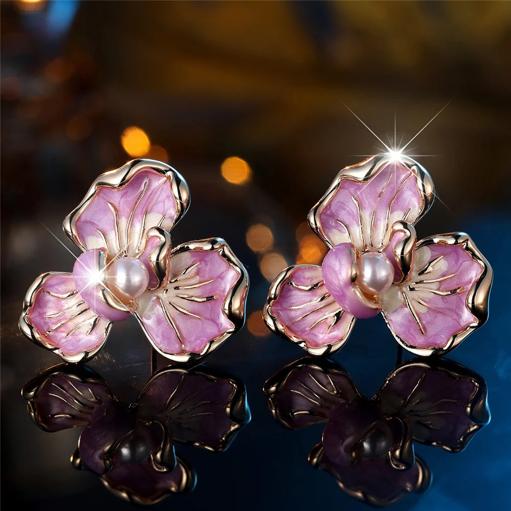 Cute Female White Pearl Purple Enamel Gold Color Flower Stud Earrings Lovely Bridal Wedding Jewelry For Women