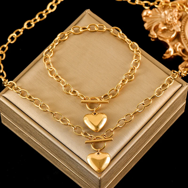 EILIECK 316L Stainless Steel Gold Color Heart Love Necklace Bracelets Set For Women New Trendy OT Buckle Waterproof Jewelry Set