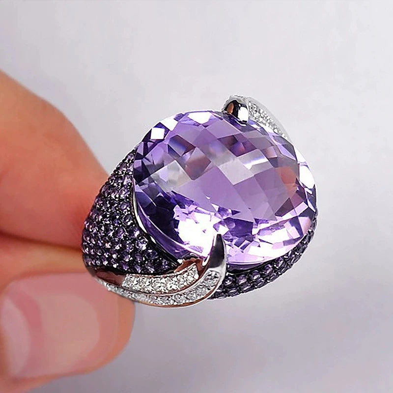 1PC Luxurious Fashion Jewelry Wedding Rings for Women Elegant Bright Silver Color Inlaid Purple Zircon Punk Engagement Ring