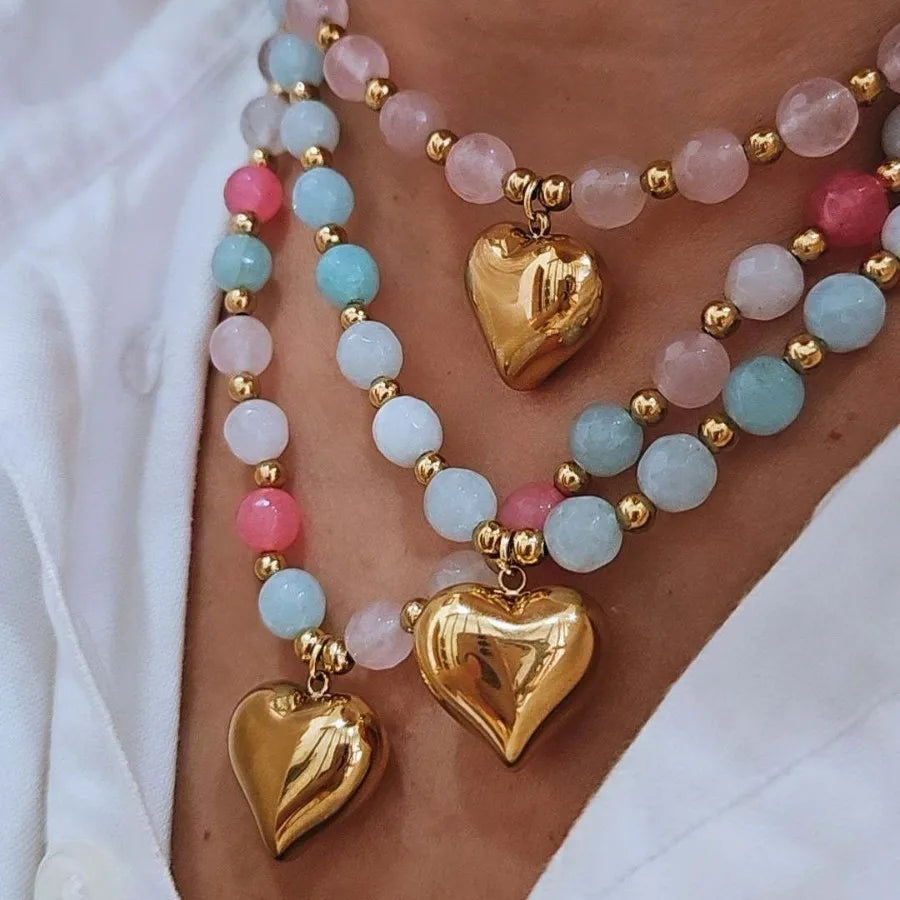 Bohemian Natural Stone Beaded Necklace Y2K Aesthetic Big Gold Color Puffy Heart Pendant Boho Choker Summer Beach Jewelry