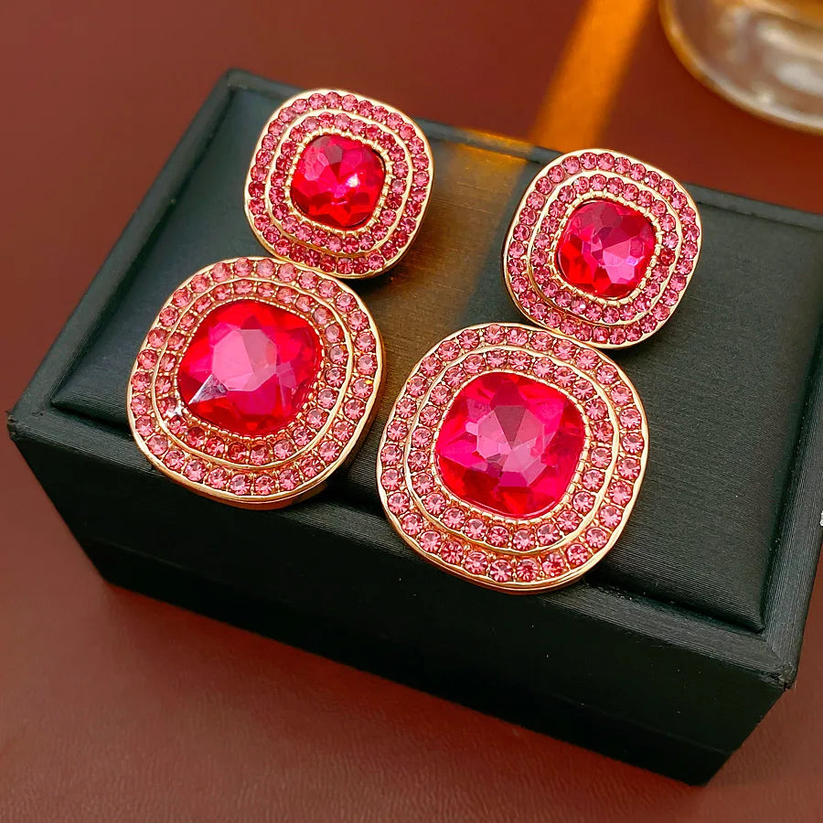 Vintage Full Rhinestones Square Dangle Earrings for Women Shiny Exquisite High-end Geometric Drop Earring Luxury Jewelry Gifts N