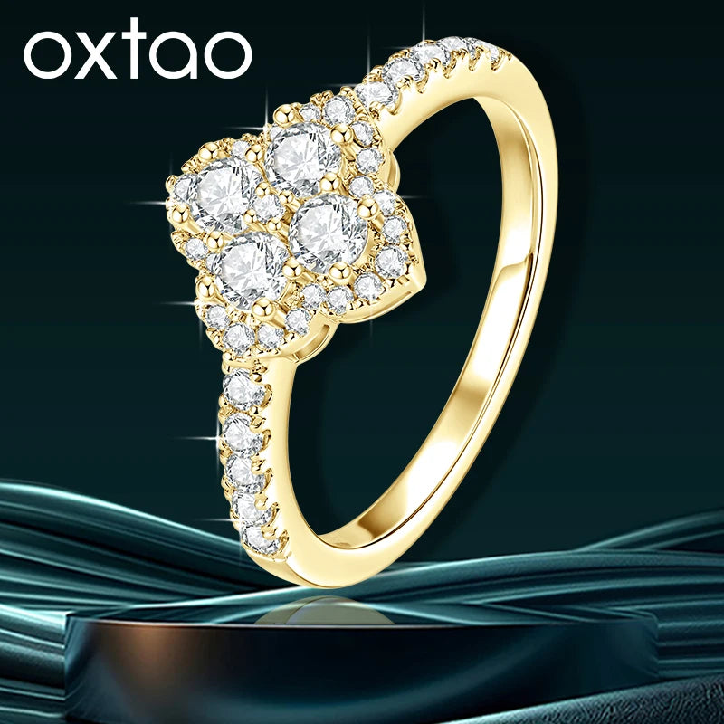 OXTAO Moissanite Four Leaf Flower Ring 3mm D VVS1 for Women Anniversary Gifts 14K Gold Filled Lab Imitation Diamond Wedding Ring