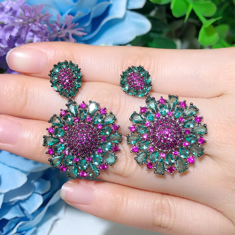 ThreeGraces Vintage Rose Red and Green Cubic Zirconia Long Big Dangle Flower Party Earrings for Women Party Jewelry E2124