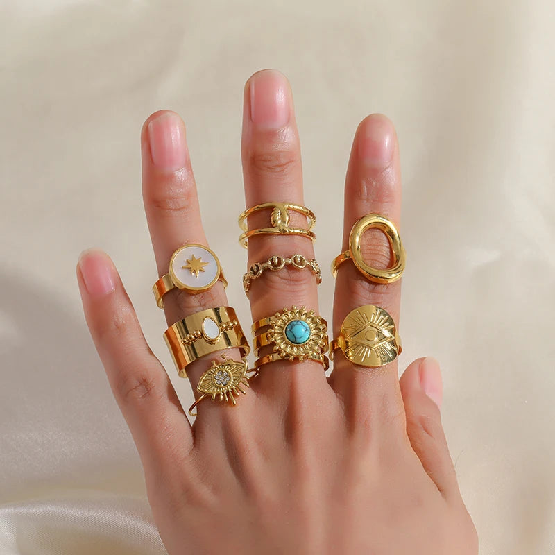 EILIECK 316L Stainless Steel Geometric Gold Color Cuff Rings For Women Girl Fashion New Jewelry Friend Gift Party anillos mujer
