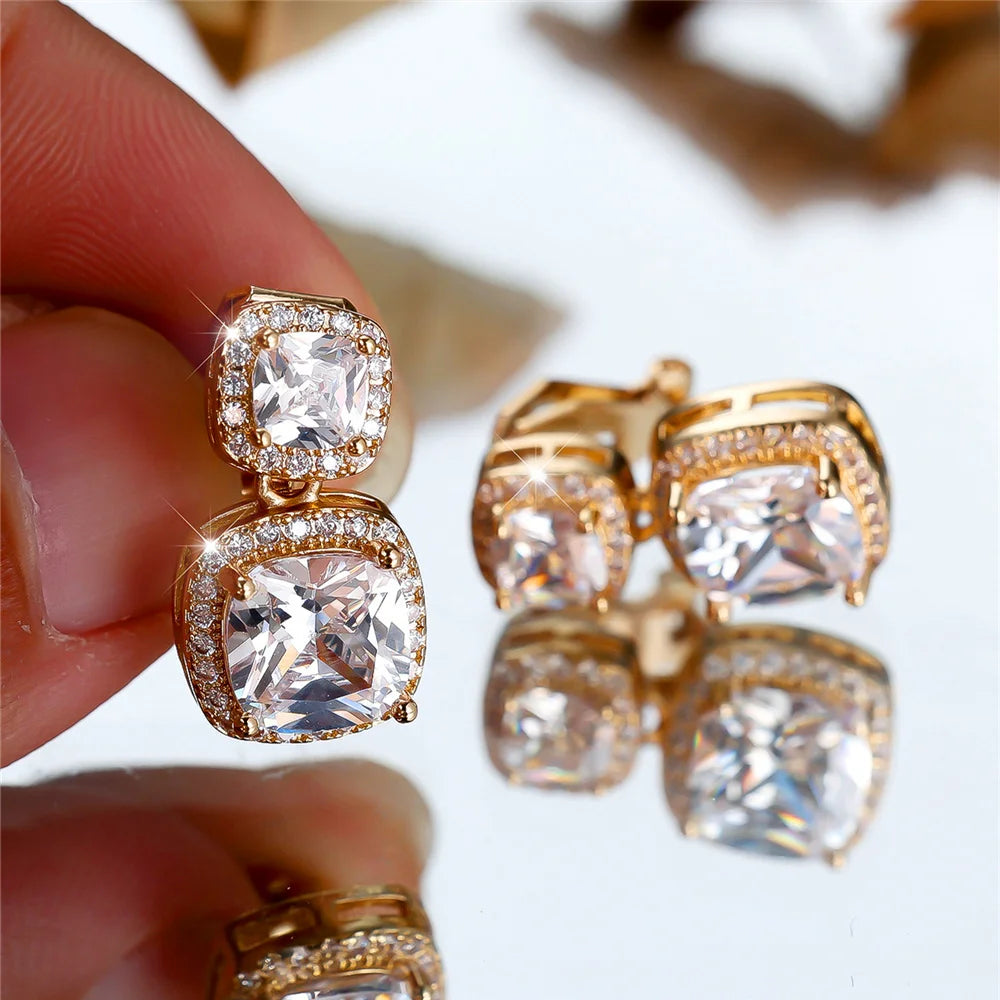 Luxury Big White Zircon Clip Earrings For Women Luxury Crystal Female Silver Color Round Wedding Jewelry