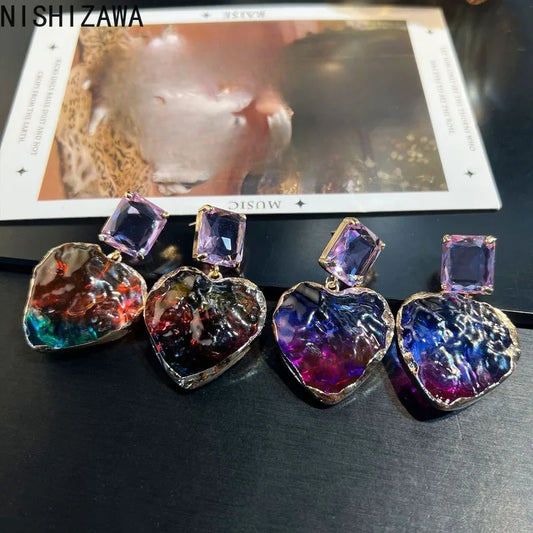 NISHIZAWA Colored Hearts Shaped Earrings for Women Palace Style Vintage Sweet Jewelry Elegant Fashion Aretes De Mujer