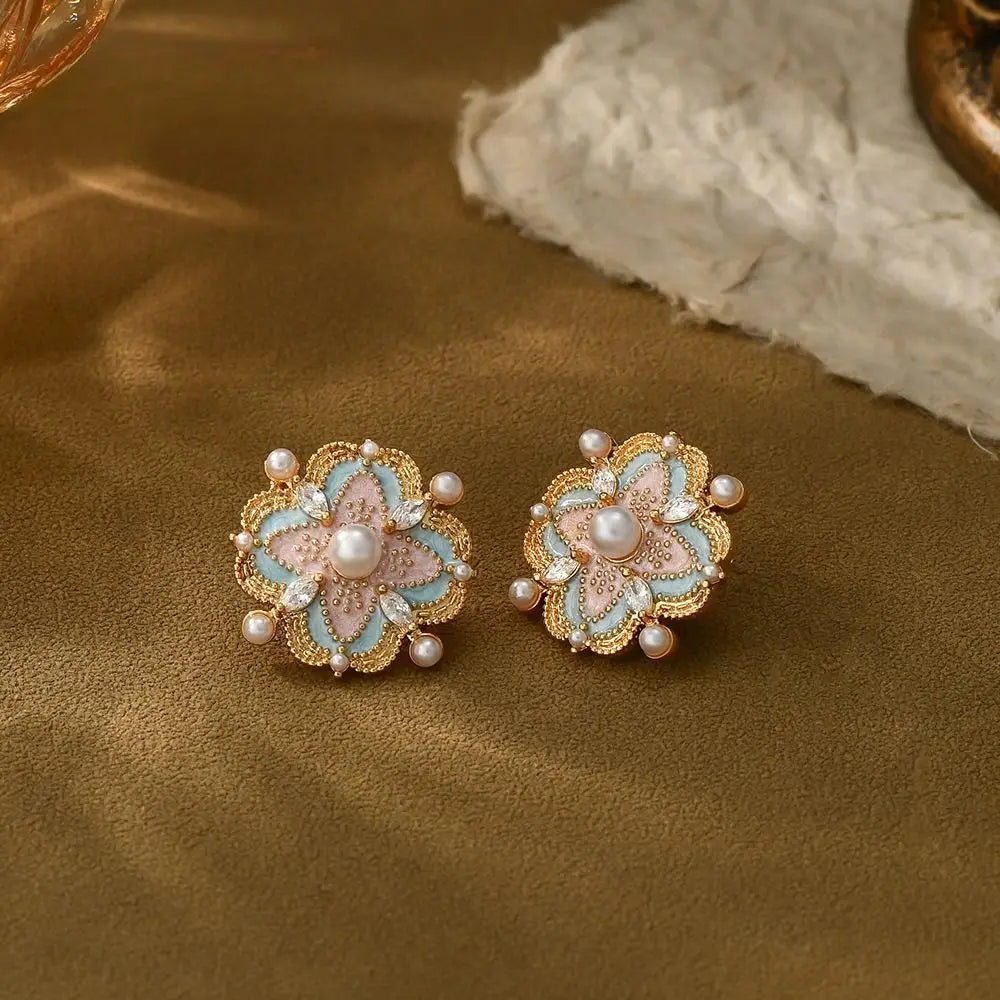 Ladies' Enamel Flower Earrings Exquisite Imitation Pearl Light Luxury Earrings Elegant and Unique Temperament Earrings Versatile