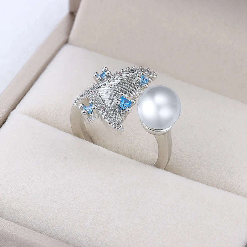 Creative Asymmetrical Whale Pearl Sapphire Round Ladies Ring 925 Silver Fashion Ladies Jewelry Wedding Party Gift