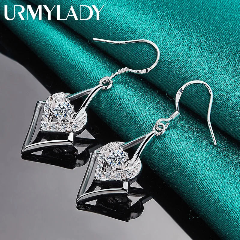 URMYLADY 925 Sterling Silver Heart Zircon Earrings Eardrop for Women Charm Wedding Engagement Fashion Jewelry