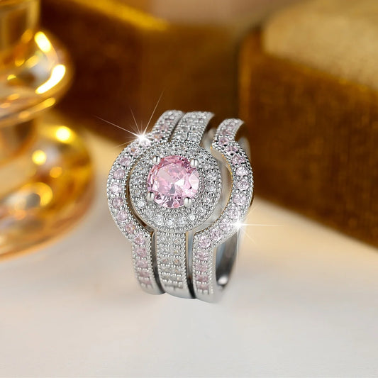Small Round Luxury Female Pink Zircon Stone Ring Set Fashion Vintage Sliver Color Bridal Wedding Engagement Jewelry For Women