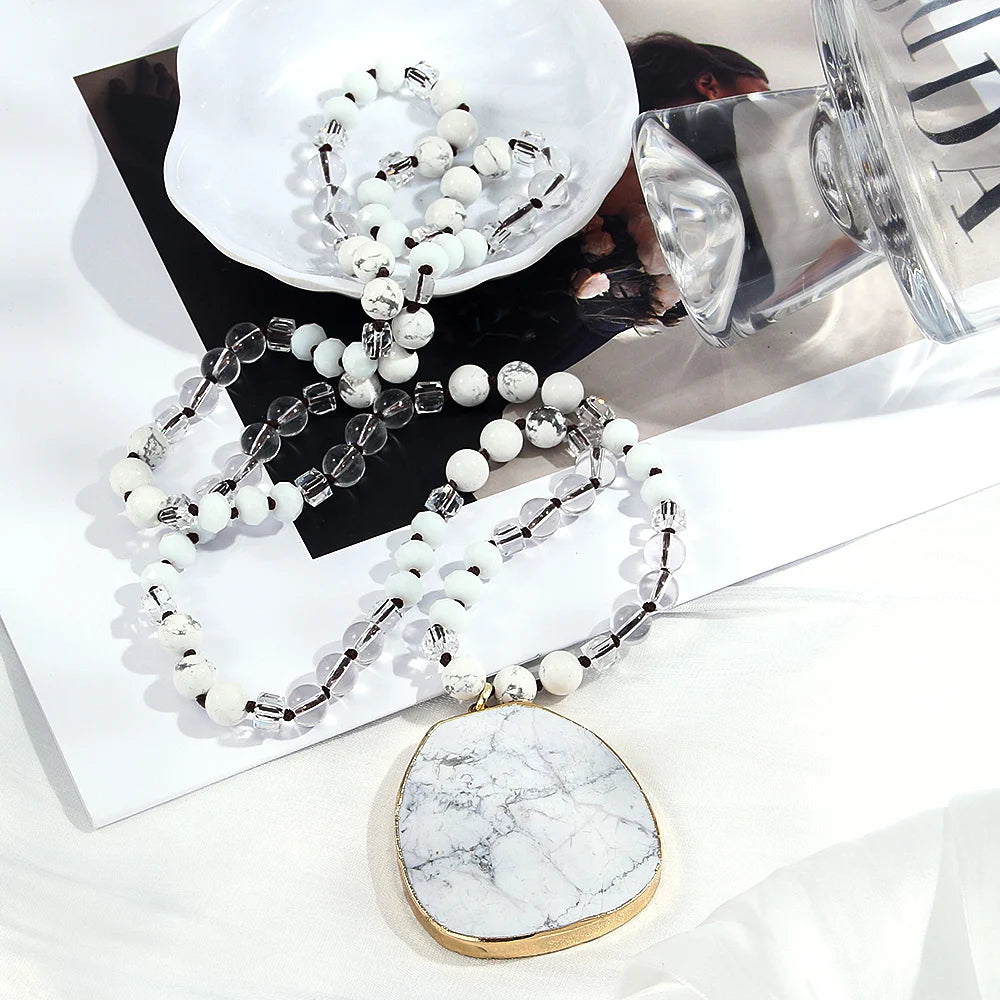 Women Fashion Bohemian Style 8mm Multicolor Natural Stone Glass Knotted Necklace Irregular Cut Surface Heavy Stone Pendant