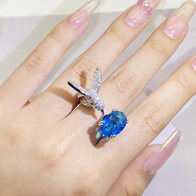 Creative Colored Gemstone Women Ring Simulating St. Mary's Aquamarine Hummingbird Ring 925 Stamp Wedding Party Fashion Jewellery
