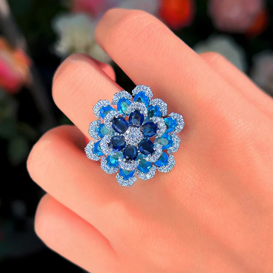 ThreeGraces Elegant Shiny Blue Zirconia 3D Design Big Flower Open Size Ring for Women Luxury Bridal Wedding Party Jewelry R325