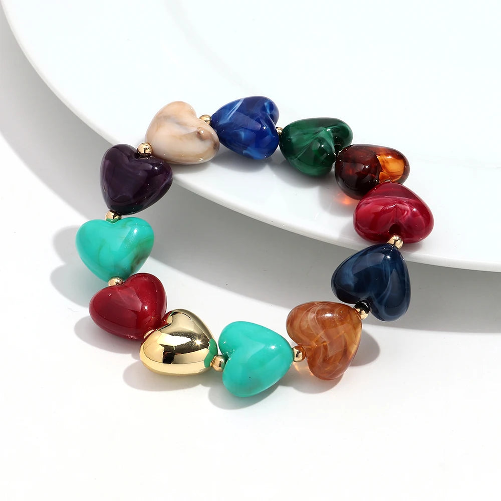 Sweet Resin Love Heart Beads Elastic Bracelets for Women Cute Geometric Heart Shape Stretch Bracelet Party Jewelry Gifts