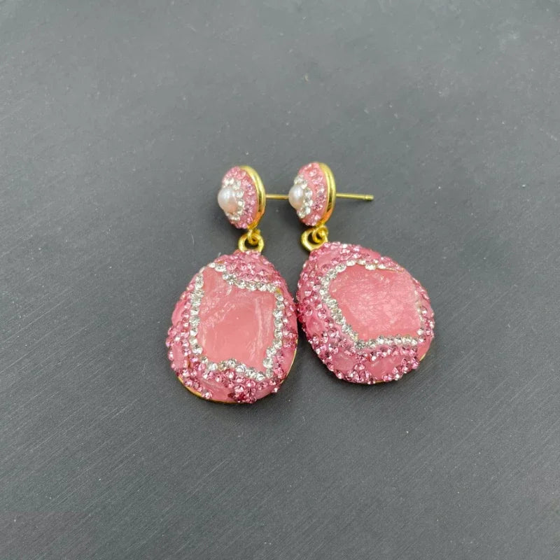 New Natural Gemstone Powder Crystal Original Stone Set for Women Rose Quartz Adjustable Ring Earrings Pendant Necklace 3 in 1