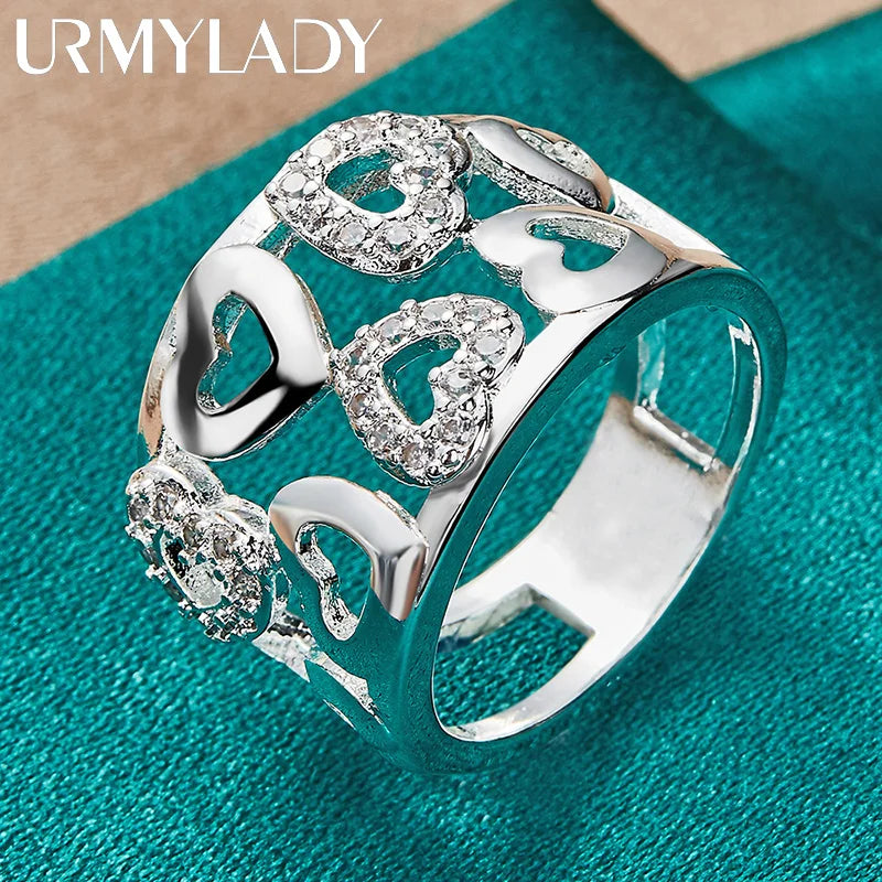 URMYLADY 925 Sterling Silver Hollow Smooth Heart Zircon Charm 7-10# Ring For Women Wedding Engagement Fashion Jewellery