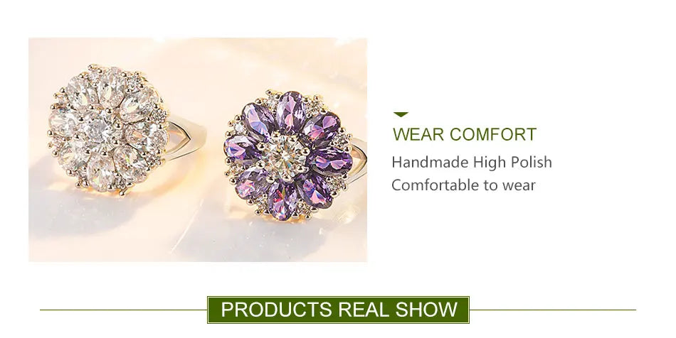 ZDADAN 925 Sterling Silver Flower Amethyst Finger Ring For Christmas Women Party Jewelry Gift