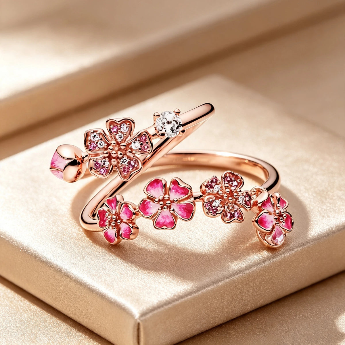 Charm Luxury Female Pink Bule Flower Zircon Stone Adjustable Open Ring RoseGold Silver Color Cute Gift Wedding Jewelry For Women
