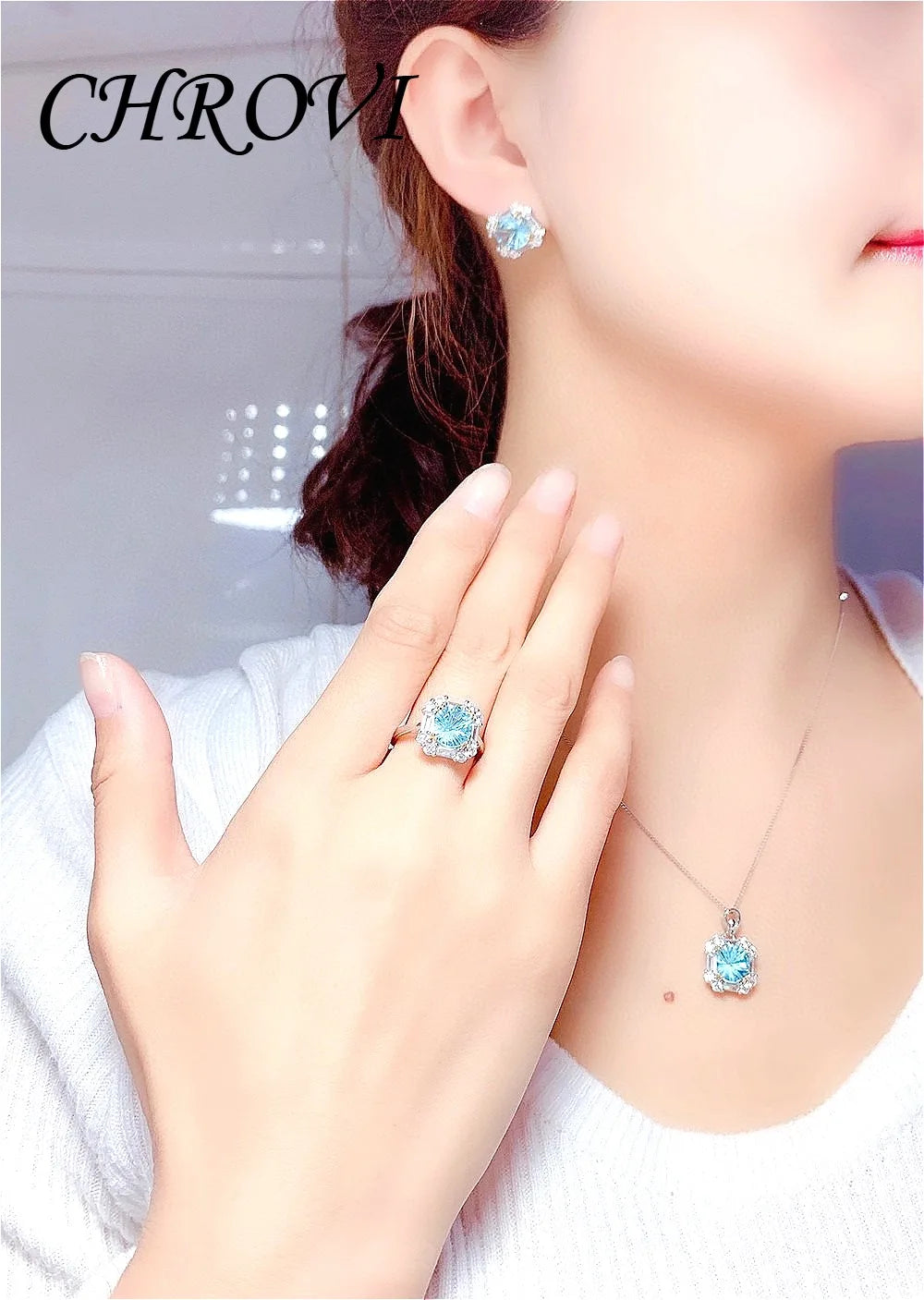 Light luxury 925 sterling silver popular diamond ring blue topaz ring pendant earring set， jewelry for women