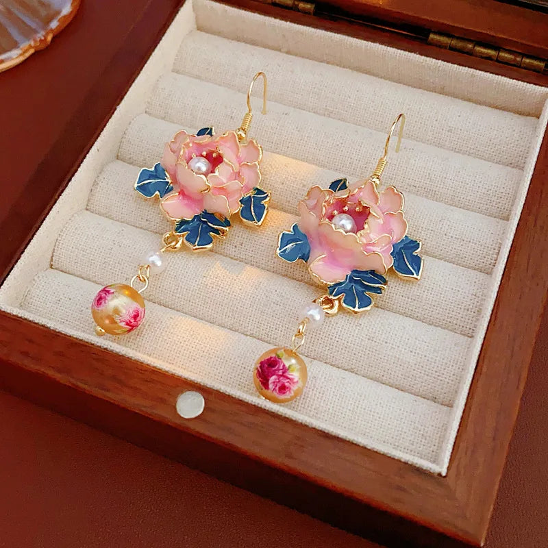Dripping Oil Flower IDangle Earrings Woman Retro Imitation Pearl Tassel Earrings Exquisite Ear Hooks Banquet Jewelry Gifts K