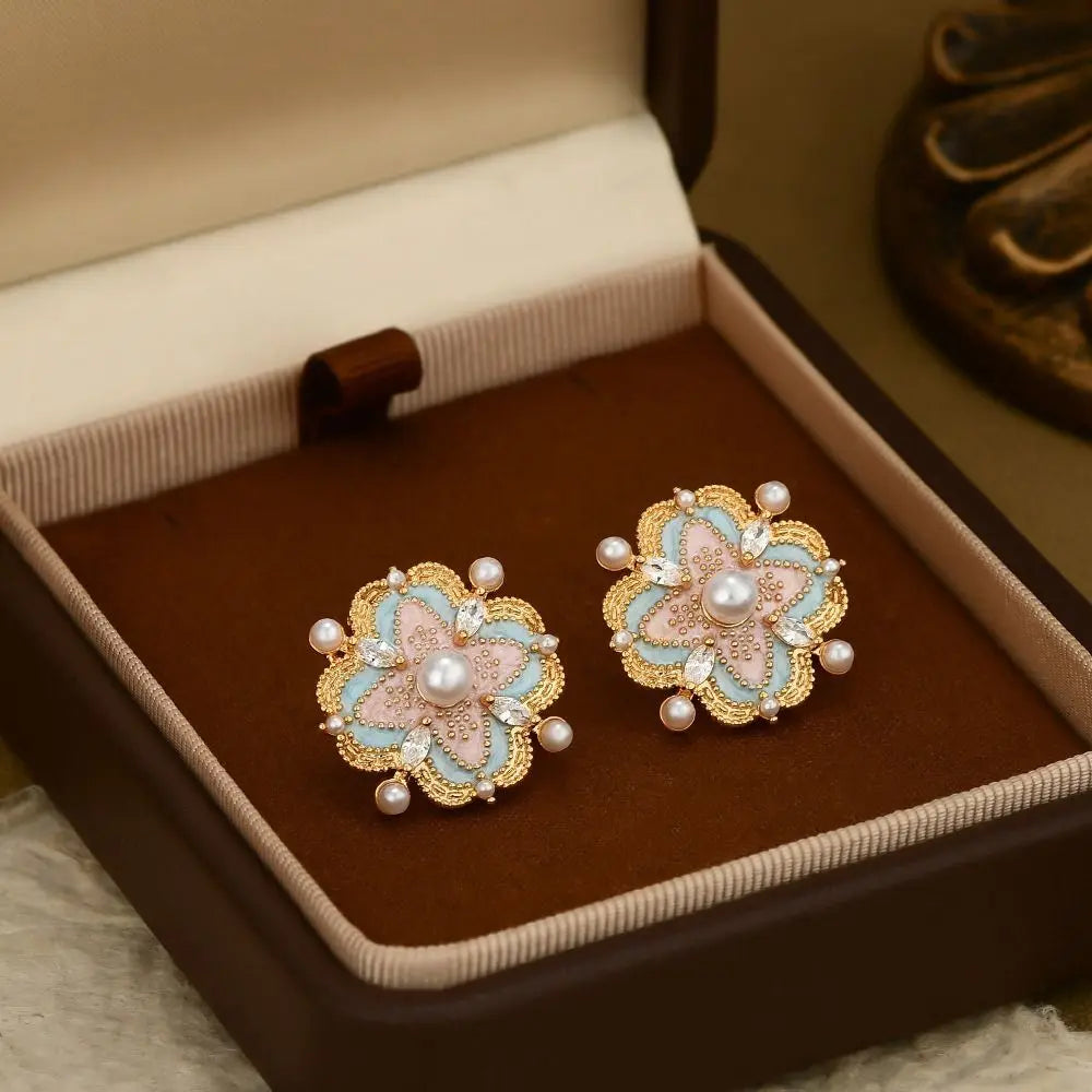 Ladies' Enamel Flower Earrings Exquisite Imitation Pearl Light Luxury Earrings Elegant and Unique Temperament Earrings Versatile