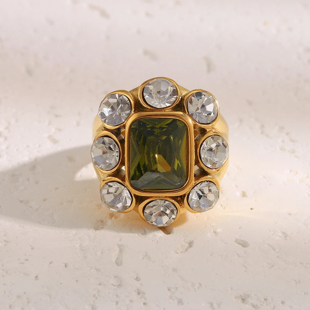 E.B.belle Party Shiny Flower Luxury Clear Green Zircon Ring Stainless Steel PVD Plated Fashion Women Stetement Jewelry