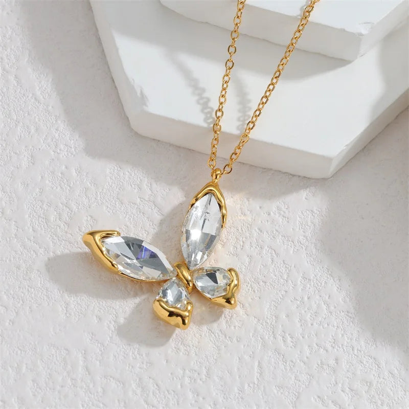 EILIECK Women's Butterfly Zircon Crystals Pendant Necklace Trendy Stainless Steel Waterproof Neck Chain Daily Jewelry Gift