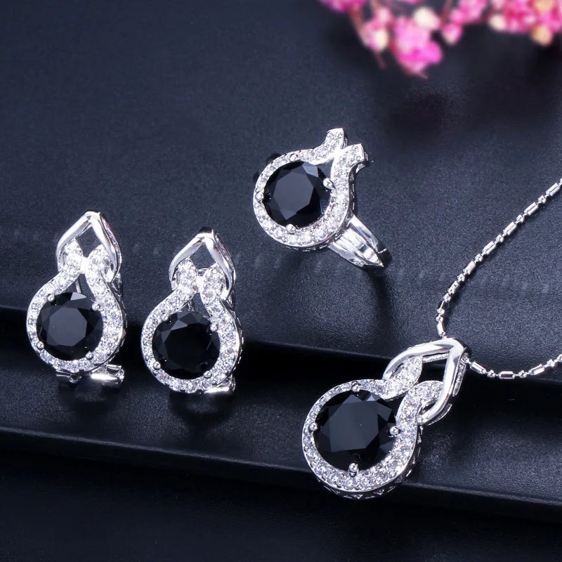 ThreeGraces 3pcs Fashion Shiny Pink Round Zirconia Wedding Party Pendant Necklace and Earrings Ring Jewelry Set for Women T1222