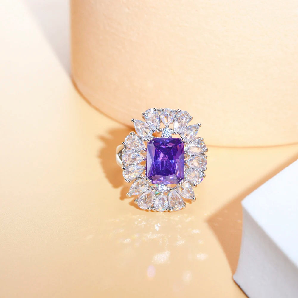 ThreeGraces Luxury Green Purple Cubic Zirconia Silver Color Adjustable Size Wedding Engagement Ring for Women Chic Jewelry R168