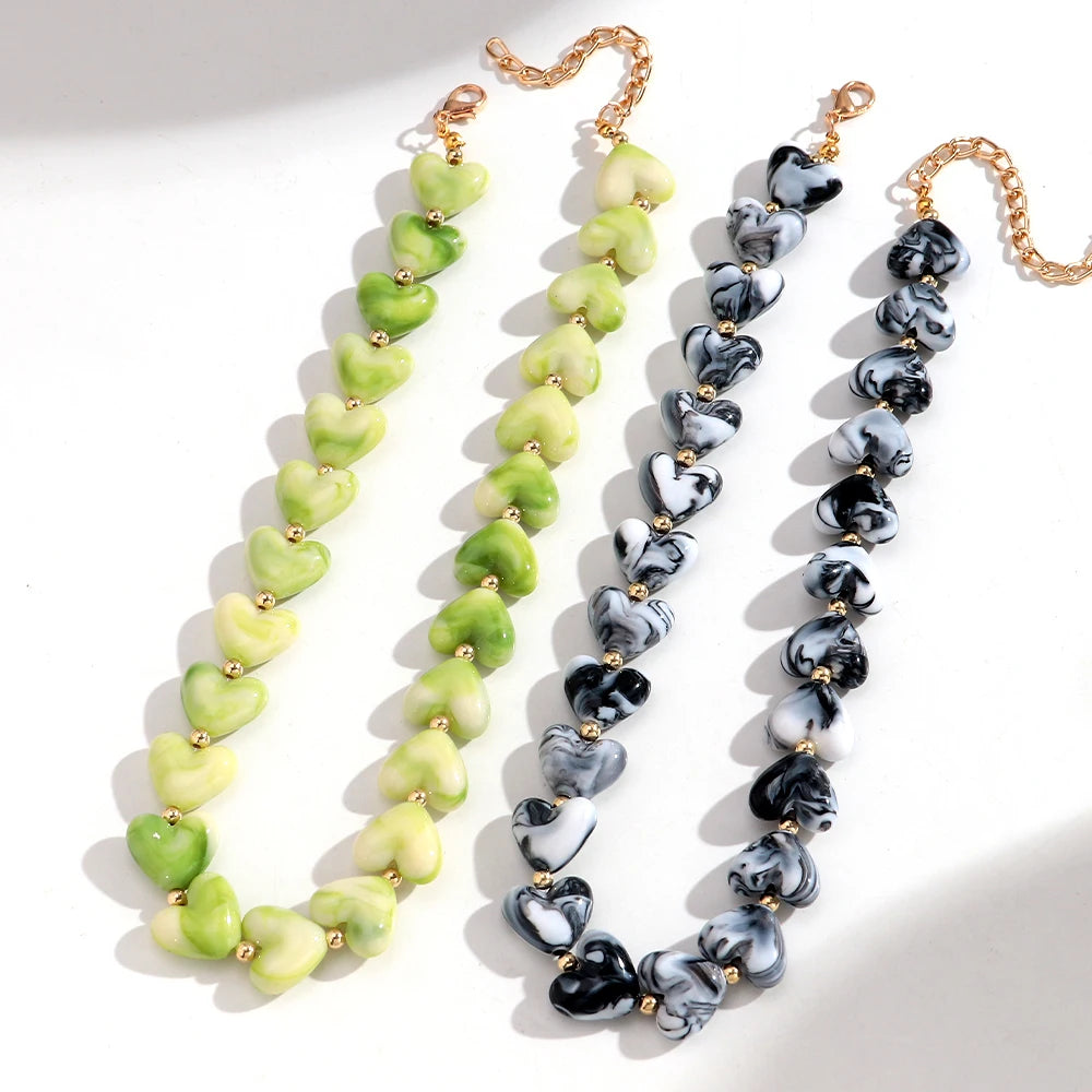 New Colorful Acrylic Geometric Heart Beaded Necklace Bracelet Set Fashion Love Heart Beads Choker Necklace Women Jewelry Gifts