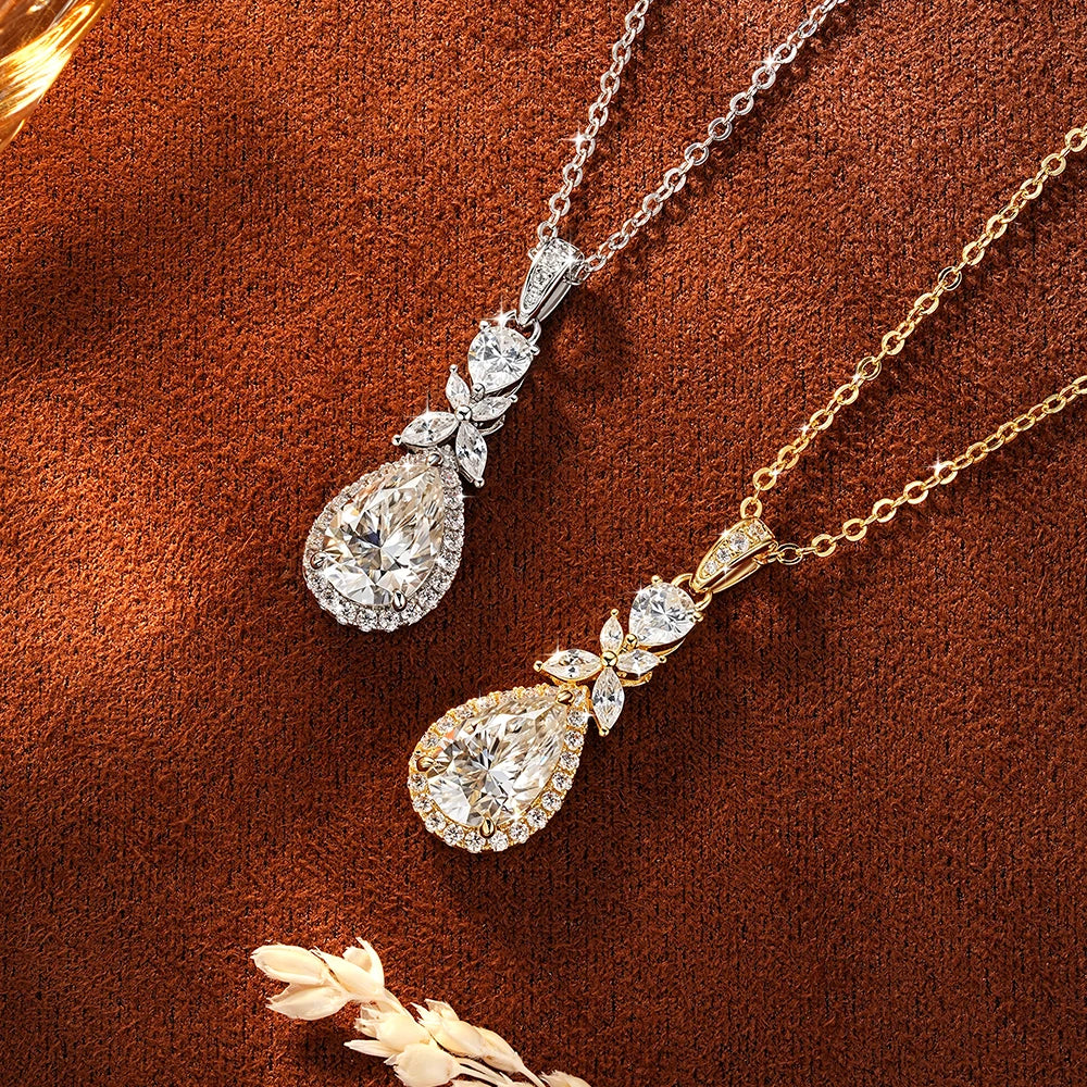OXTAO 14K Gold Filled Teardrop Pendant Necklace 7x10.5mm Pear Shape Certified Moissanite Floral-Style Necklace for Women Jewelry