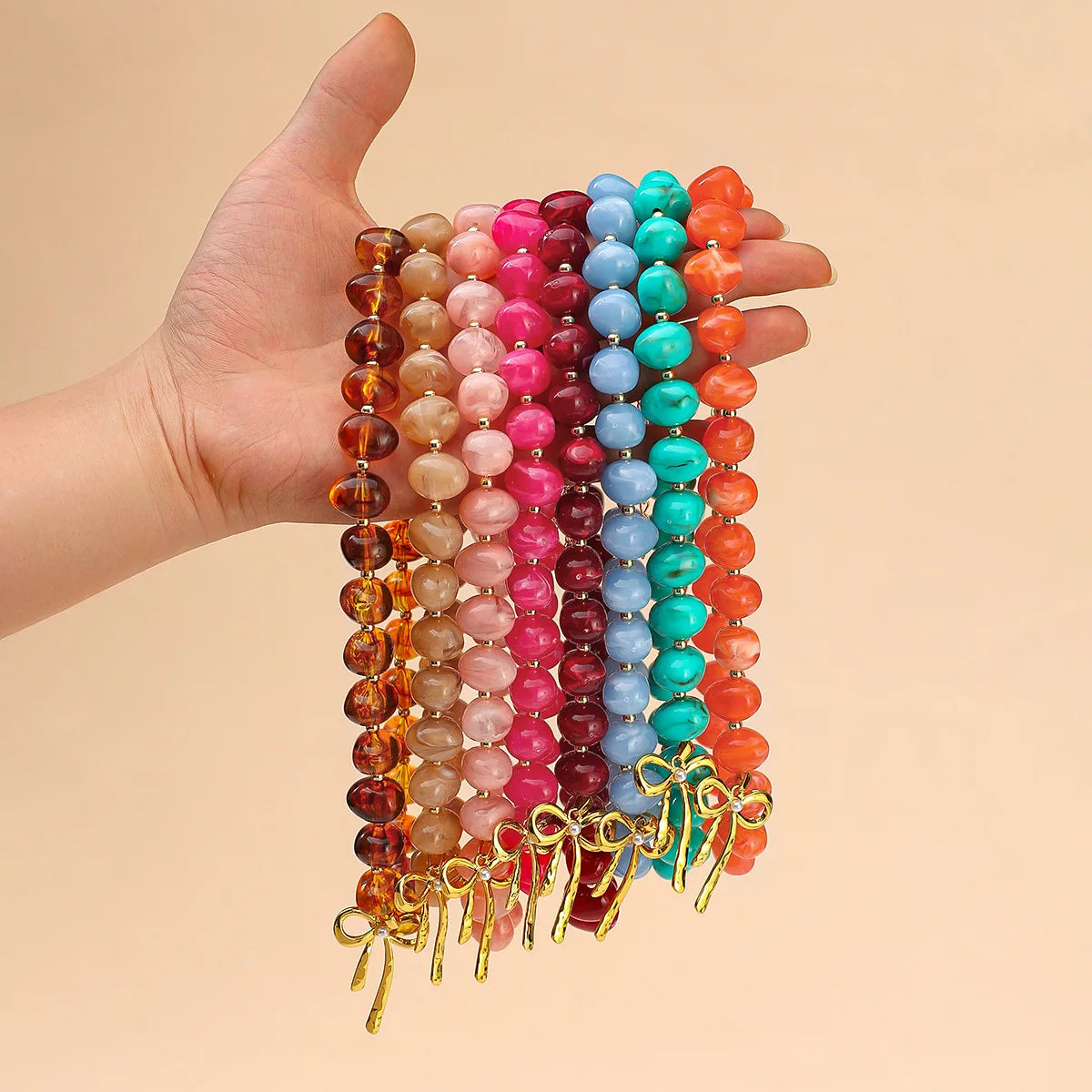 Pink Acrylic Round Beads Choker Necklace for Women Stainless Steel Gold Color Bowknot Pendant Collars Boho Beach Jewelry Gifts
